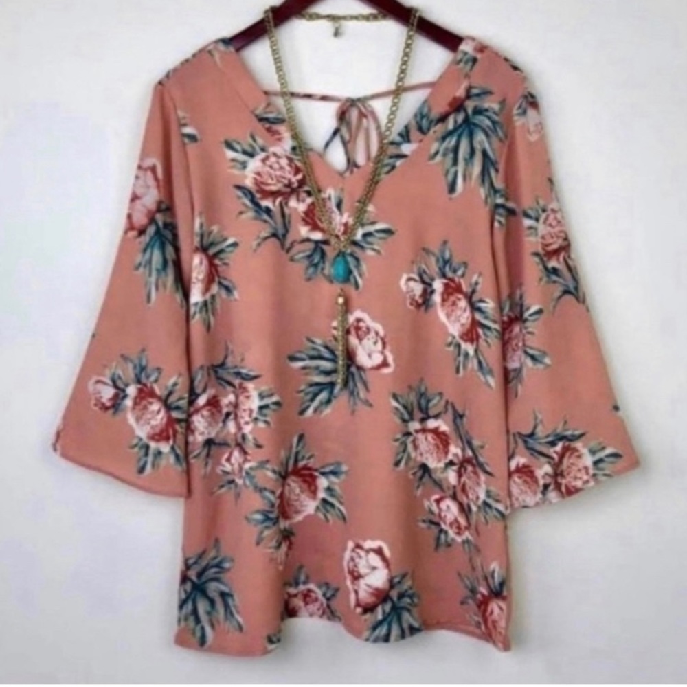 A La Tzarina Floral V Neck Blouse 3/4 Sleeve Kimono Top Pink Large NWT